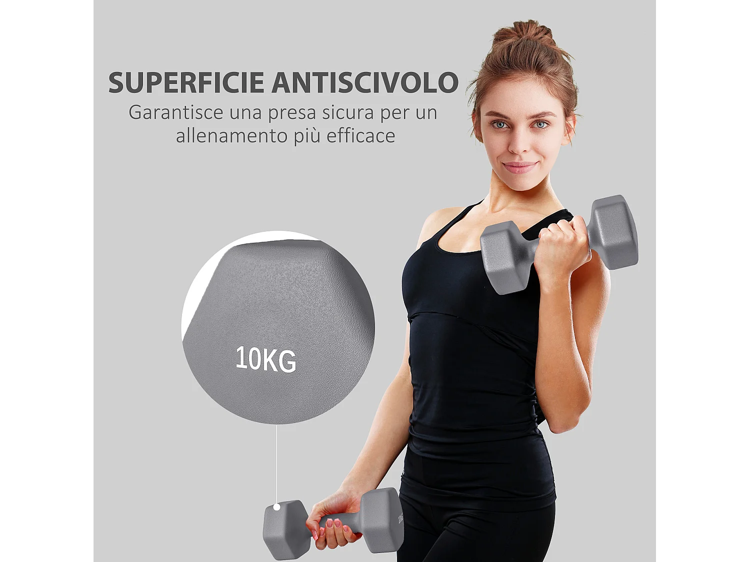 Set 2 manubri esagonali 10 kg in metallo e plastica 26x12x12 cm grigio