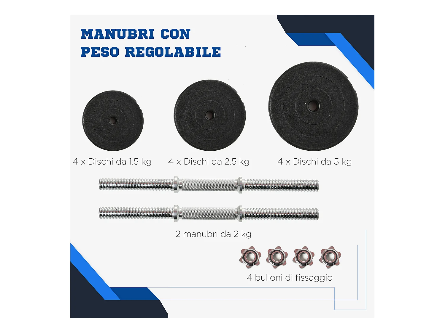 Set manubri palestra 40kg con 2 manubri in acciaio e 12 pesi