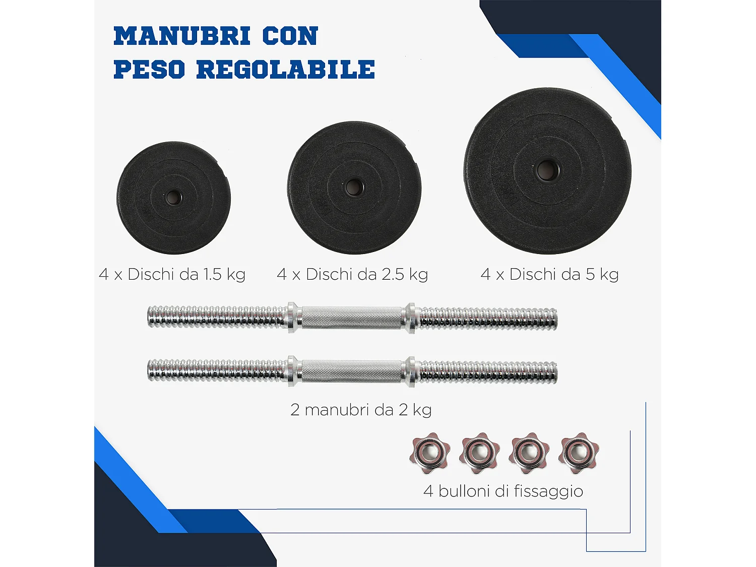 Set manubri palestra 40kg con 2 manubri in acciaio e 12 pesi