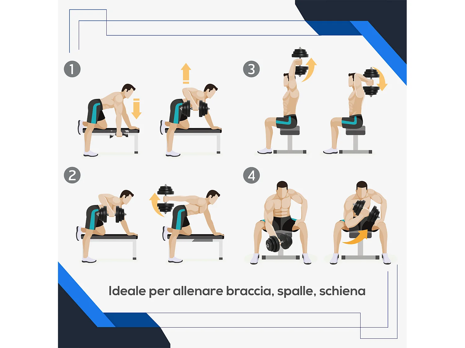 Set manubri palestra 40kg con 2 manubri in acciaio e 12 pesi