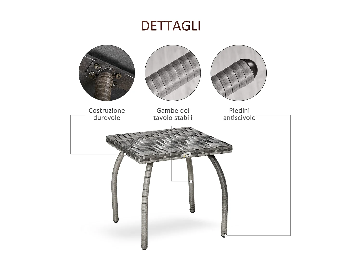 Tavolino in rattan sintetico da esterno e giardino 45x45x44 cm grigio