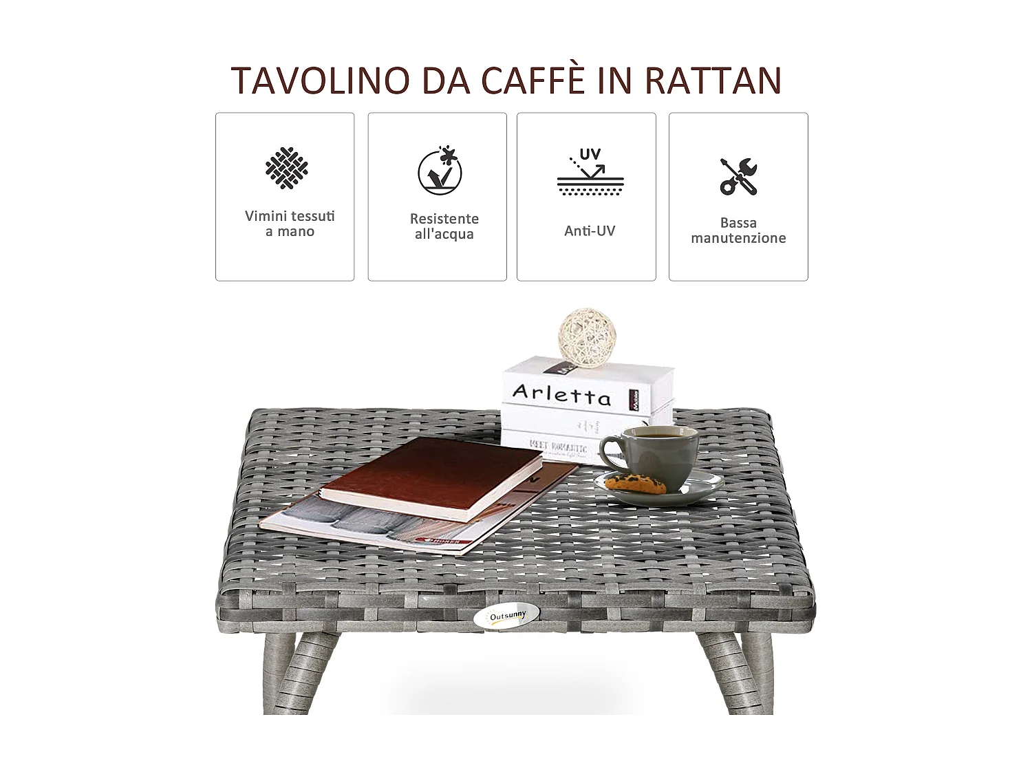 Tavolino in rattan sintetico da esterno e giardino 45x45x44 cm grigio