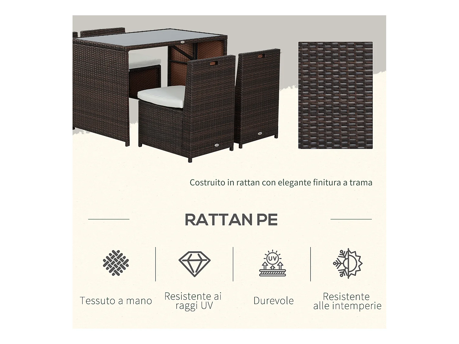 Set mobili da giardino 5pz tavolo pranzo con cuscini in rattan marrone