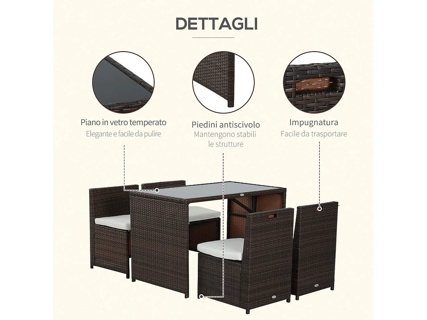 Set mobili da giardino 5pz tavolo pranzo con cuscini in rattan marrone