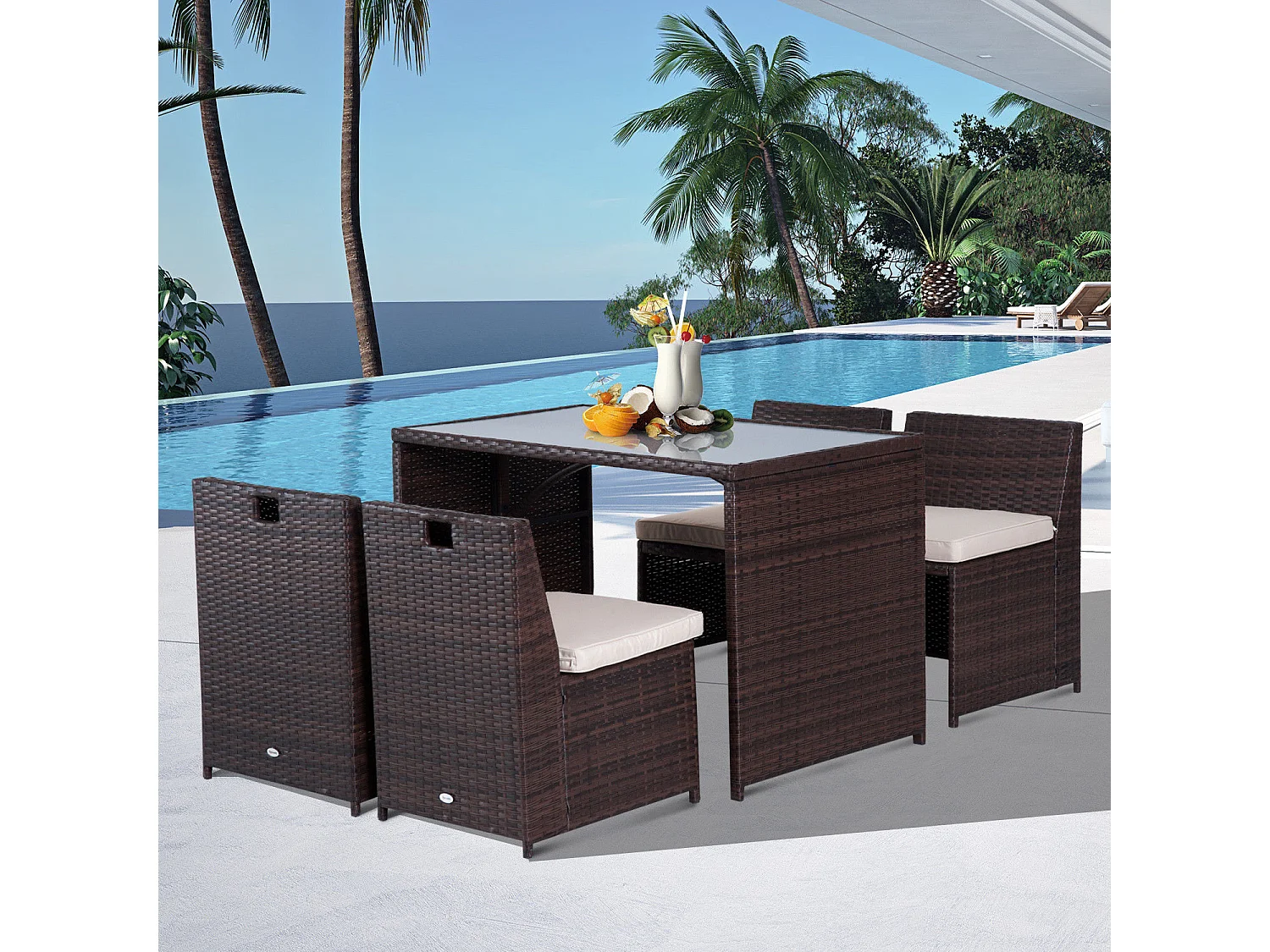 Set mobili da giardino 5pz tavolo pranzo con cuscini in rattan marrone