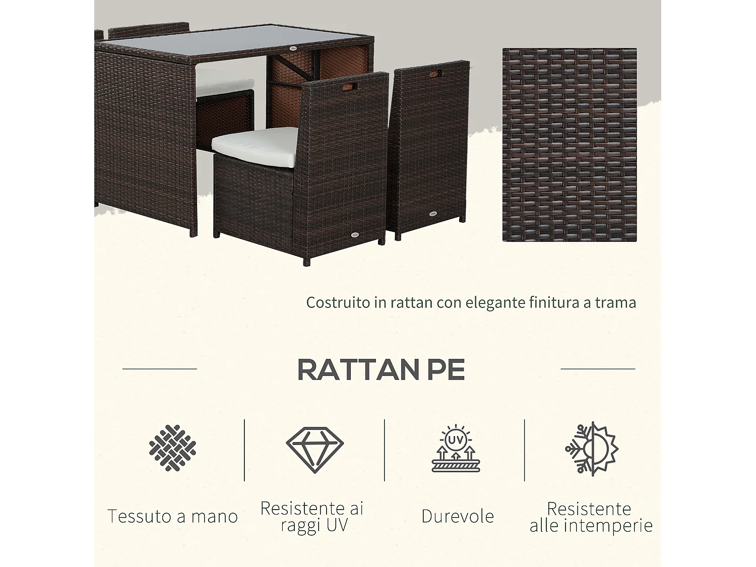 Set mobili da giardino 5pz tavolo pranzo con cuscini in rattan marrone