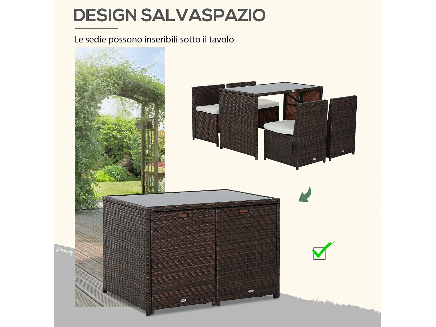 Set mobili da giardino 5pz tavolo pranzo con cuscini in rattan marrone