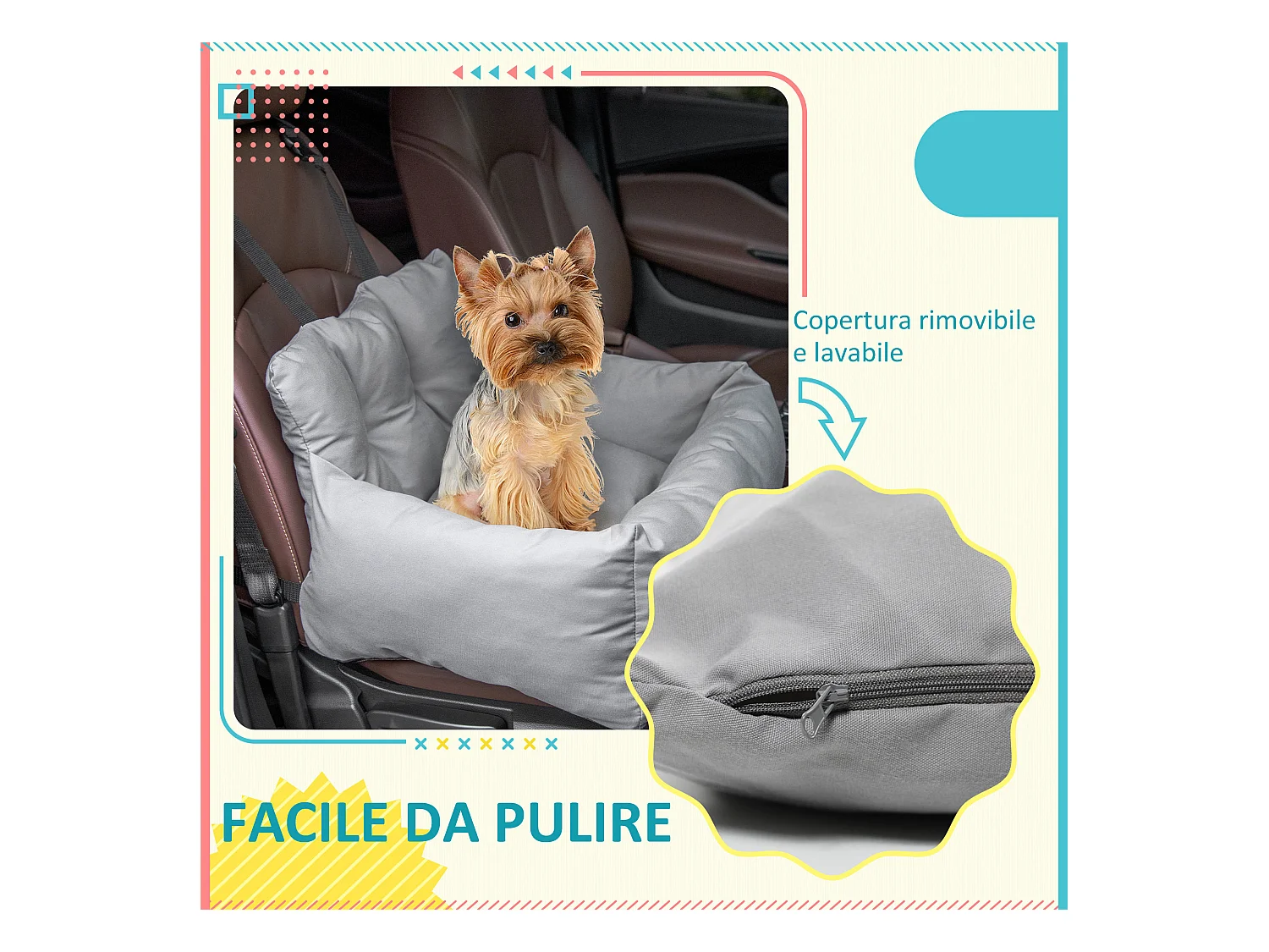 Seggiolino auto per cani piccoli sfoderabile con cinghie di sicurezza