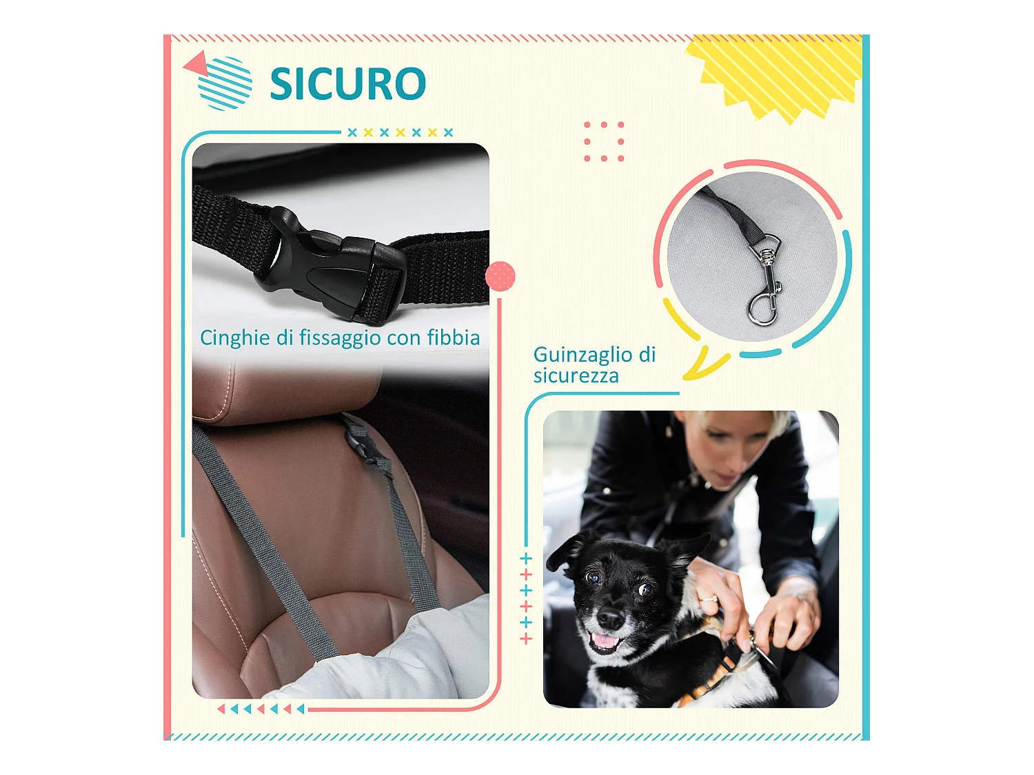 Seggiolino auto per cani piccoli sfoderabile con cinghie di sicurezza