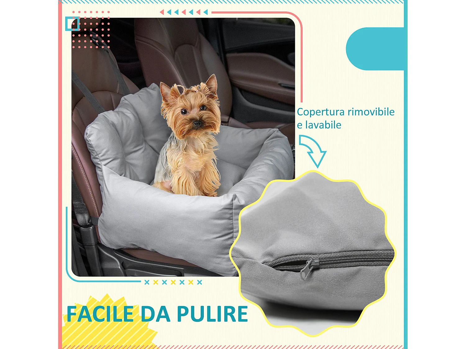 Seggiolino auto per cani piccoli sfoderabile con cinghie di sicurezza