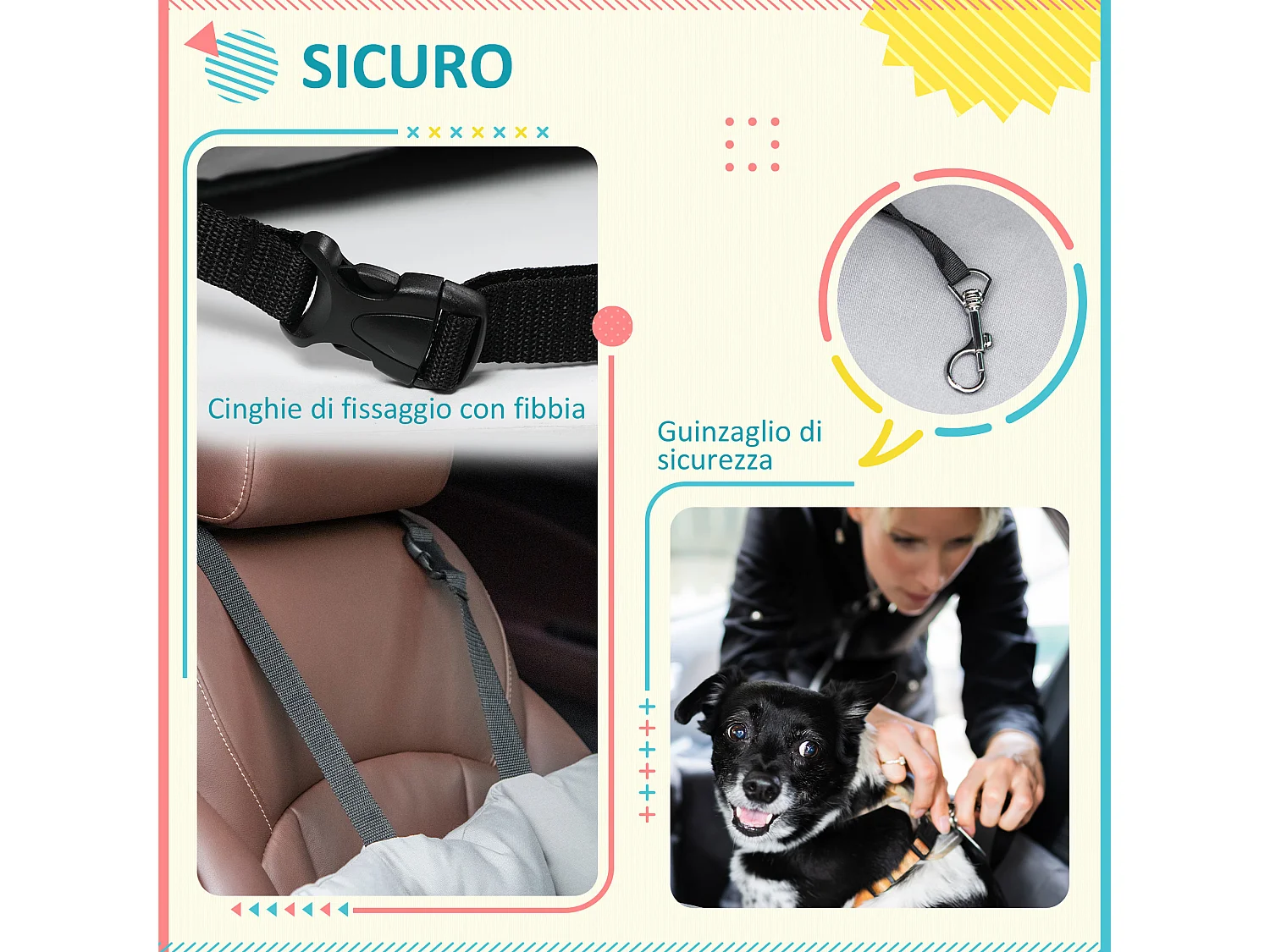 Seggiolino auto per cani piccoli sfoderabile con cinghie di sicurezza