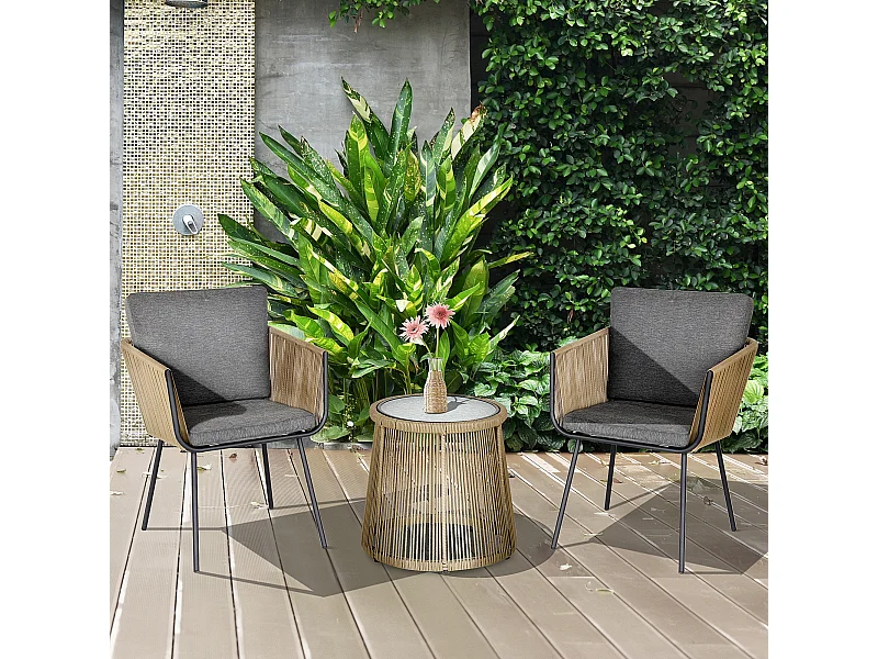 Set tavolino e sedie da giardino stile boho cachi e grigio