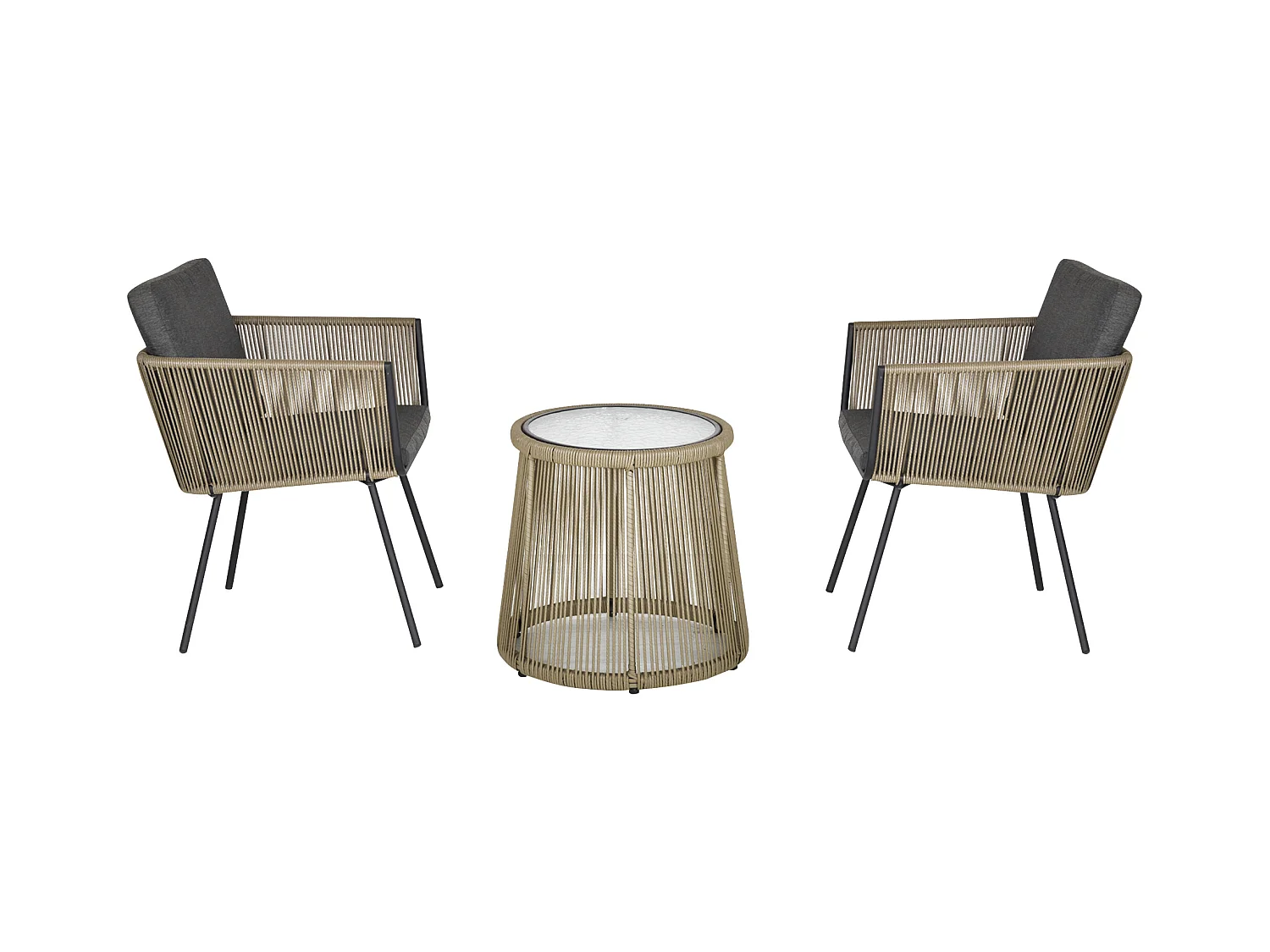 Set tavolino e sedie da giardino stile boho cachi e grigio