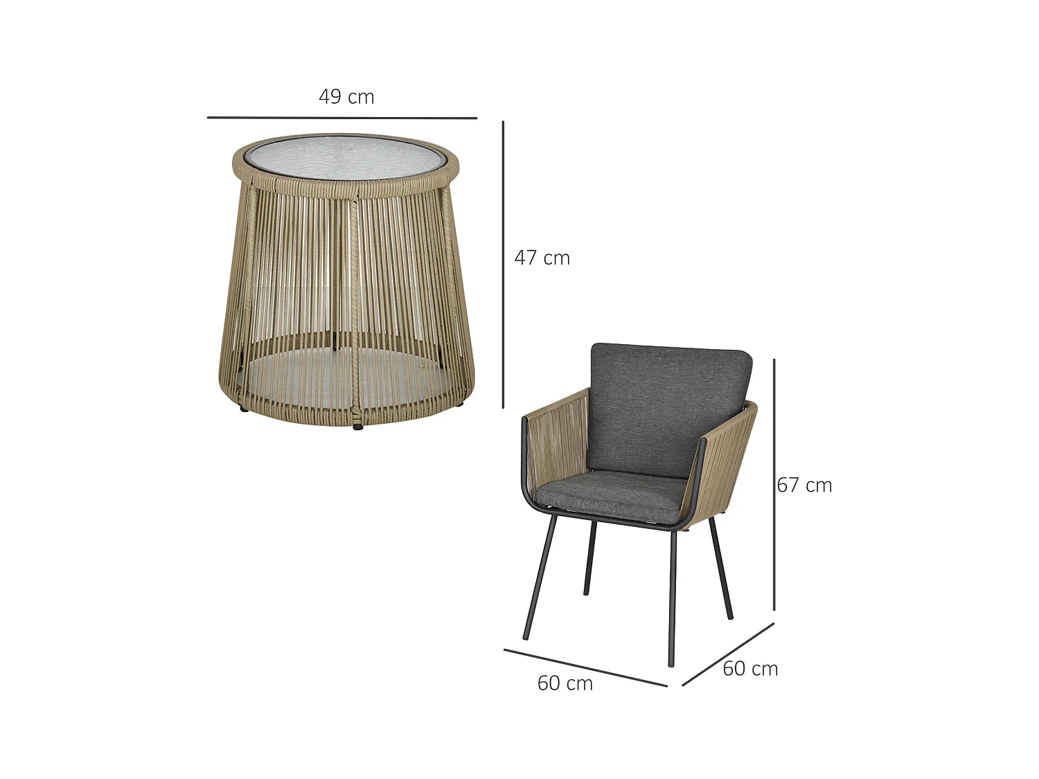 Set tavolino e sedie da giardino stile boho cachi e grigio