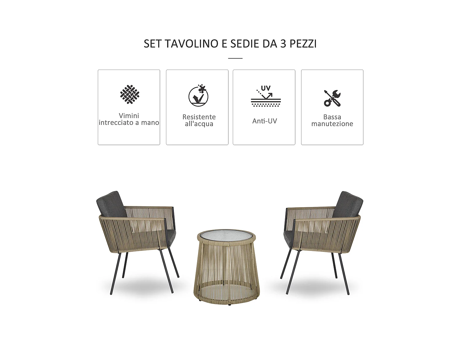 Set tavolino e sedie da giardino stile boho cachi e grigio