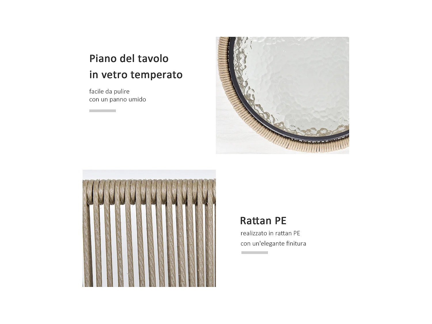 Set tavolino e sedie da giardino stile boho cachi e grigio