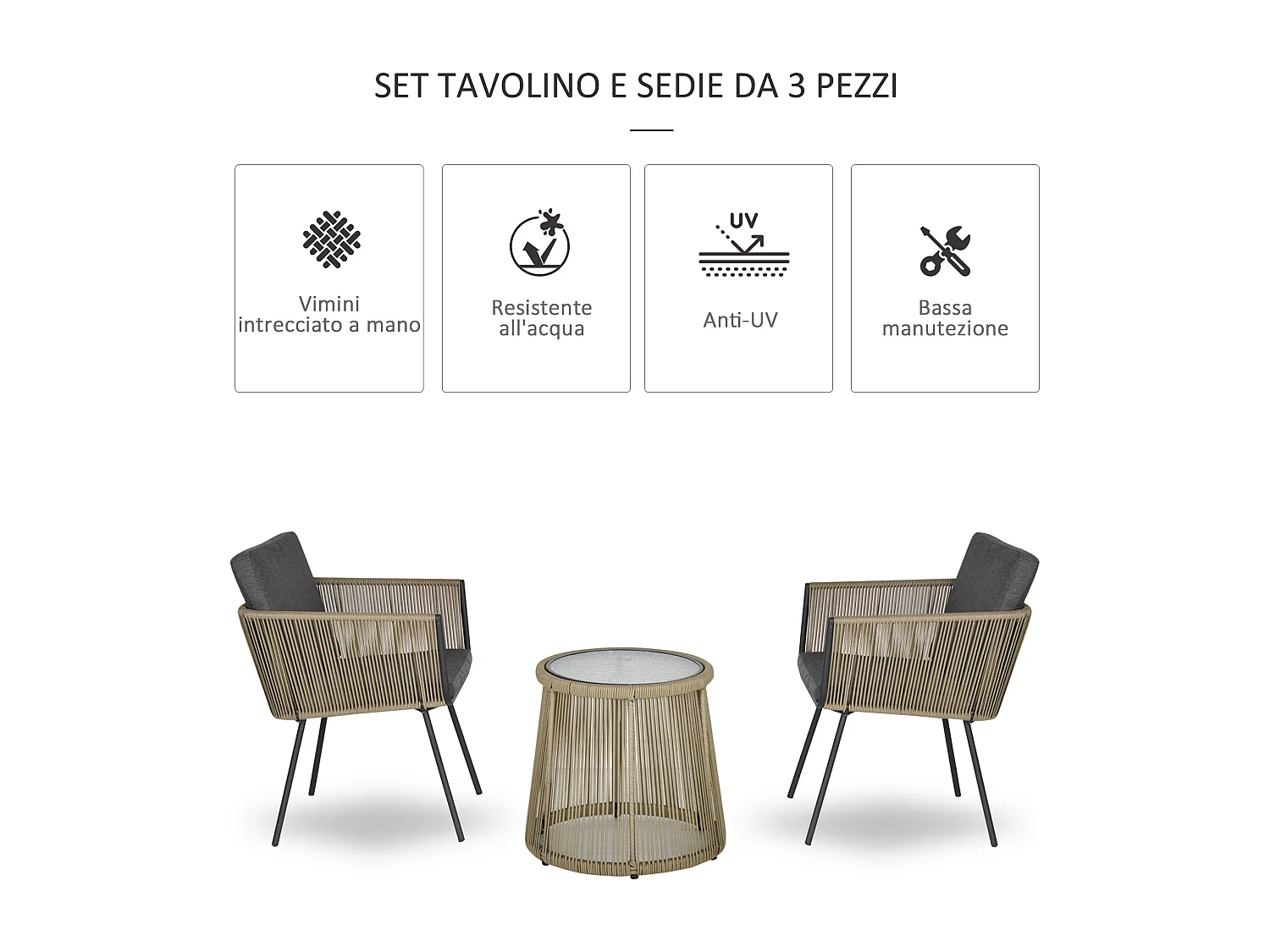 Set tavolino e sedie da giardino stile boho cachi e grigio