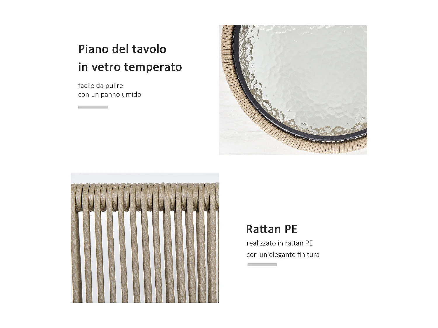 Set tavolino e sedie da giardino stile boho cachi e grigio