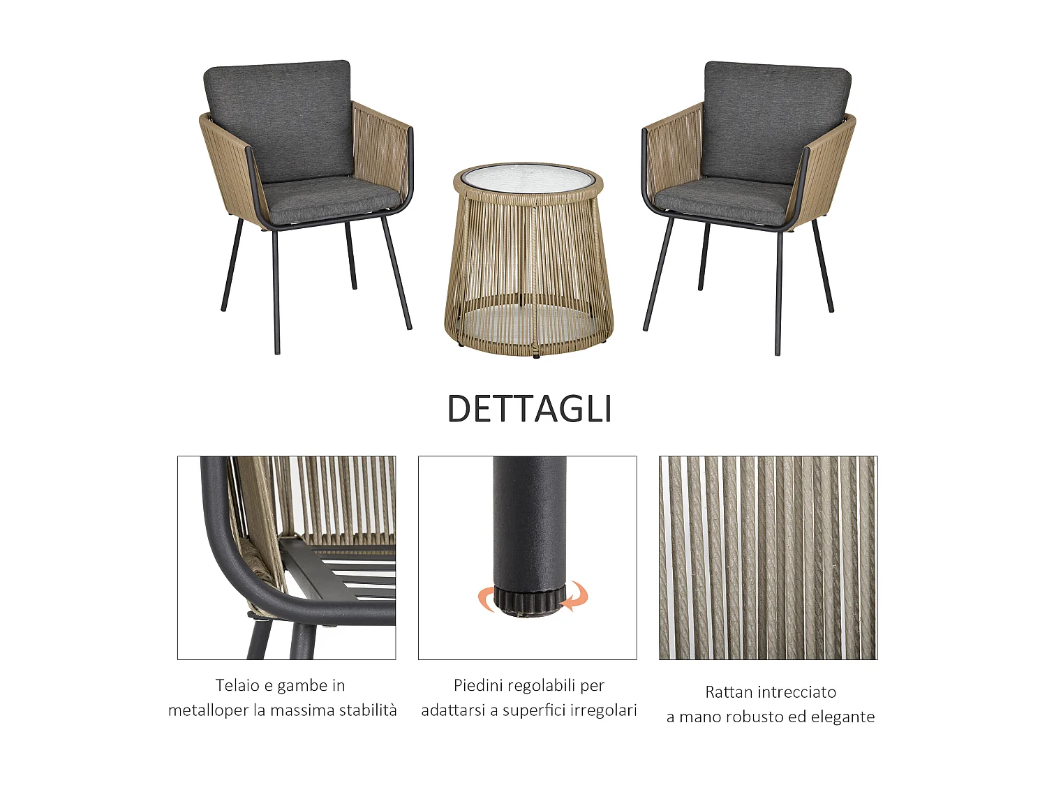 Set tavolino e sedie da giardino stile boho cachi e grigio