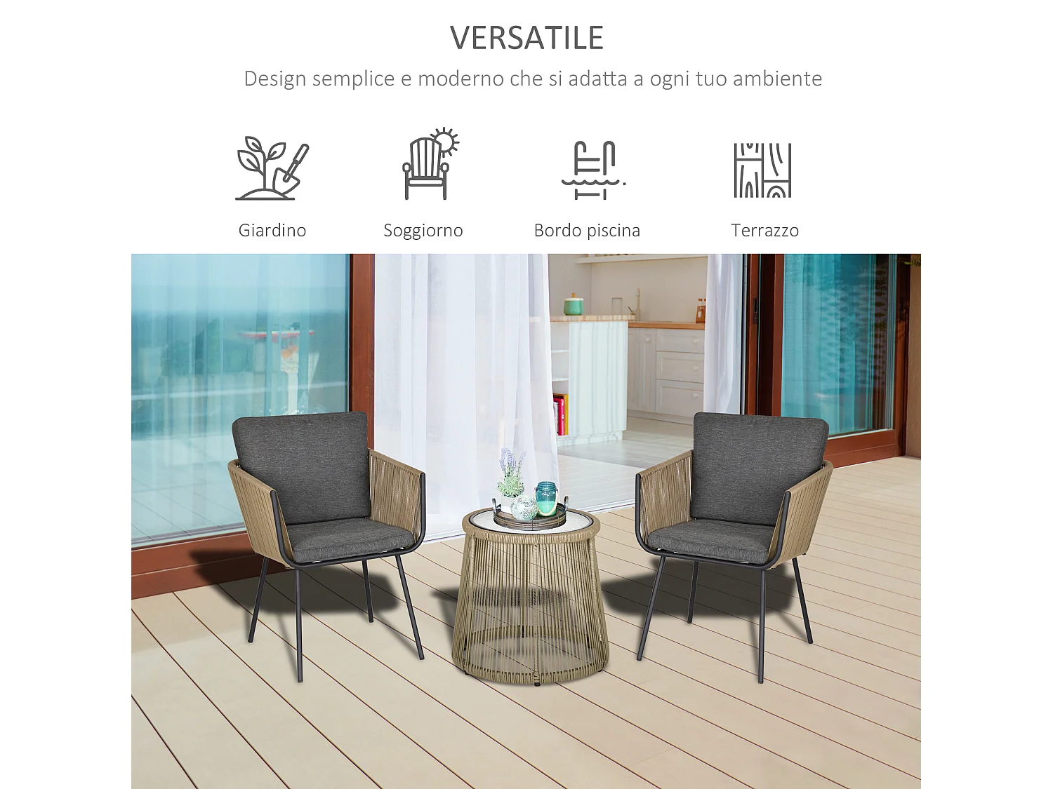 Set tavolino e sedie da giardino stile boho cachi e grigio