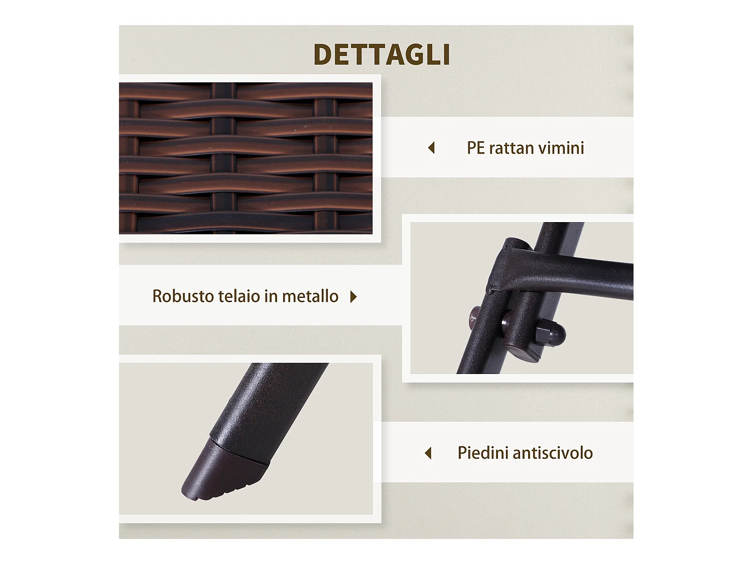 Set tavolino e sedie da giardino pieghevoli in rattan pe marrone