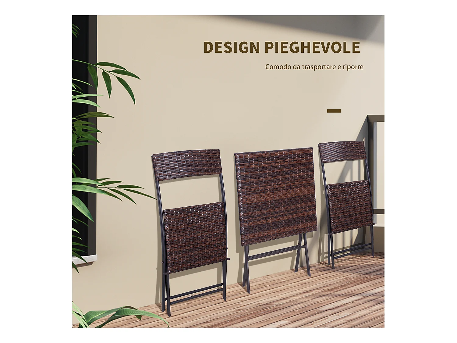 Set tavolino e sedie da giardino pieghevoli in rattan pe marrone