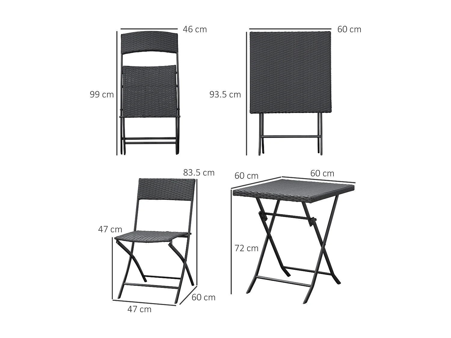 Set tavolino e sedie da giardino pieghevoli in rattan pe marrone