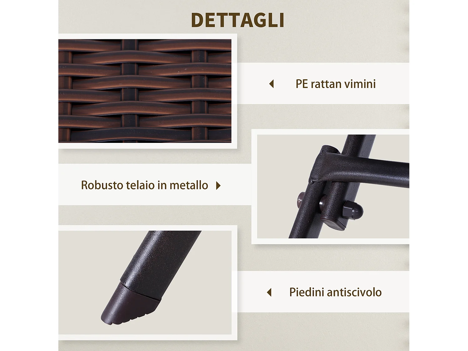 Set tavolino e sedie da giardino pieghevoli in rattan pe marrone