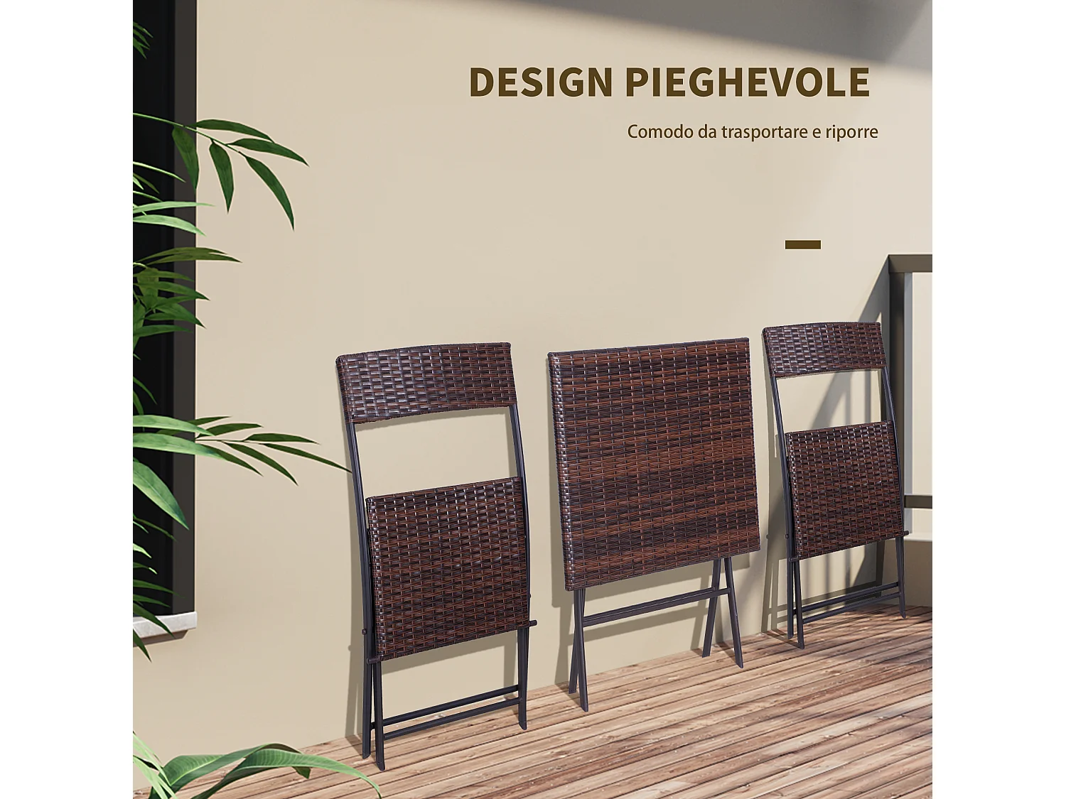 Set tavolino e sedie da giardino pieghevoli in rattan pe marrone