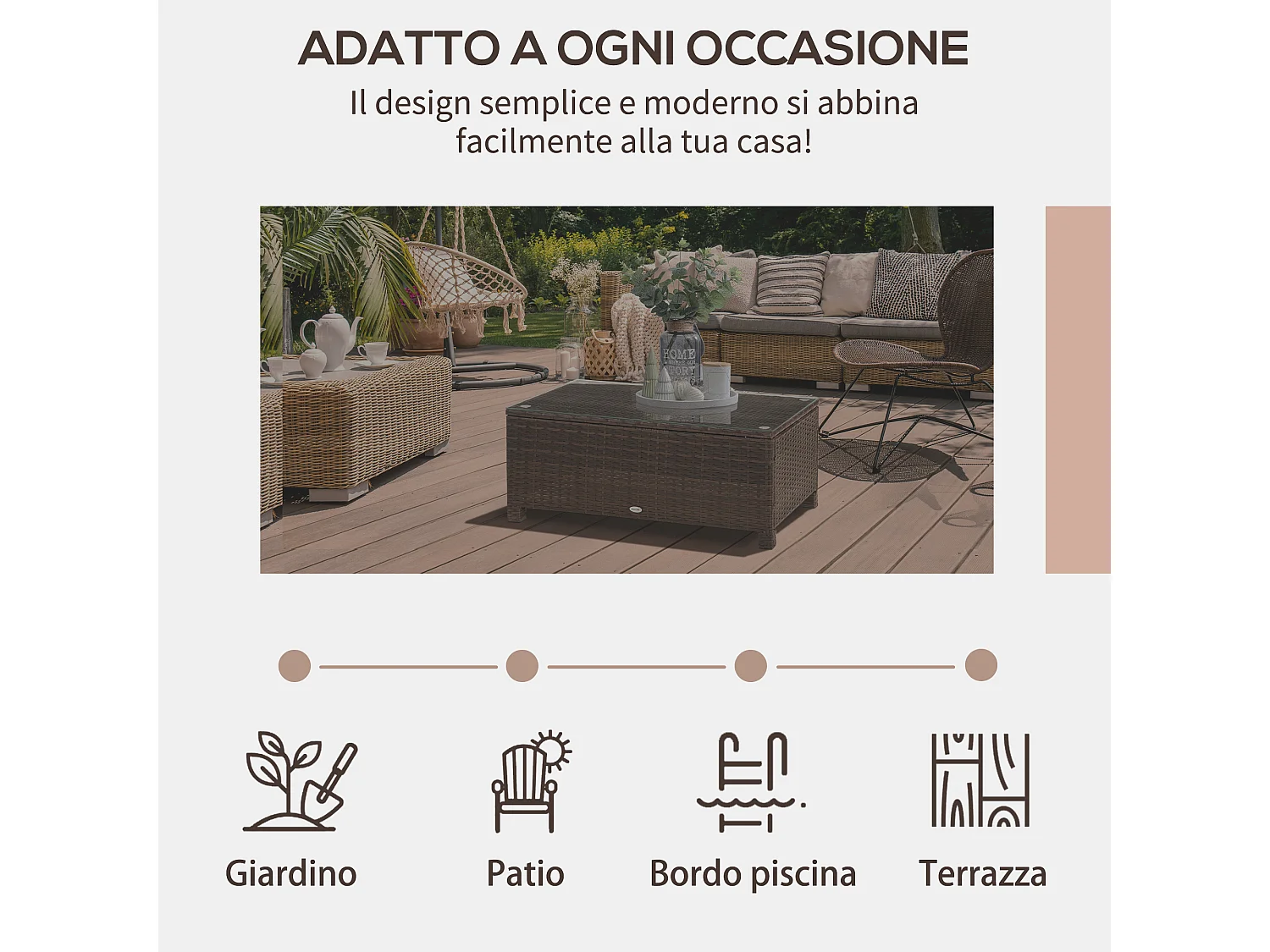 Tavolino da giardino rettangolare in rattan pe e vetro temperato