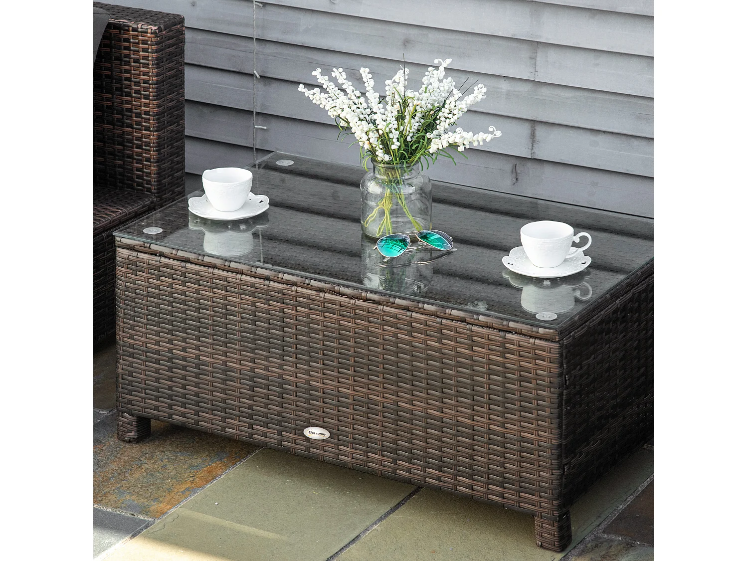Tavolino da giardino rettangolare in rattan pe e vetro temperato