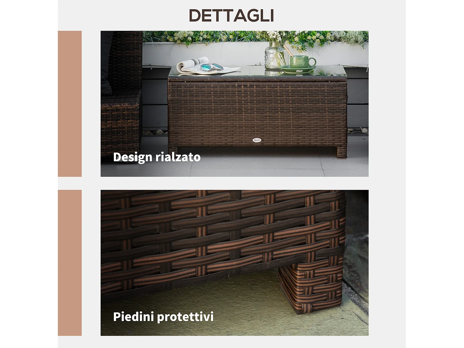 Tavolino da giardino rettangolare in rattan pe e vetro temperato