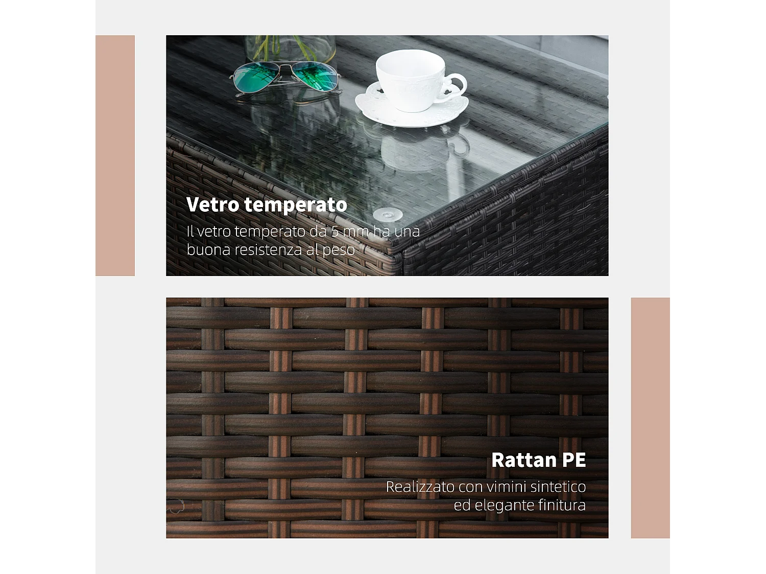 Tavolino da giardino rettangolare in rattan pe e vetro temperato