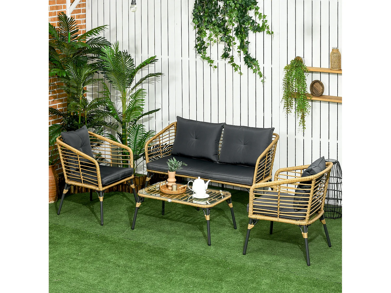 Set da giardino 4 pz con 2 sedie, un divano e un tavolino basso