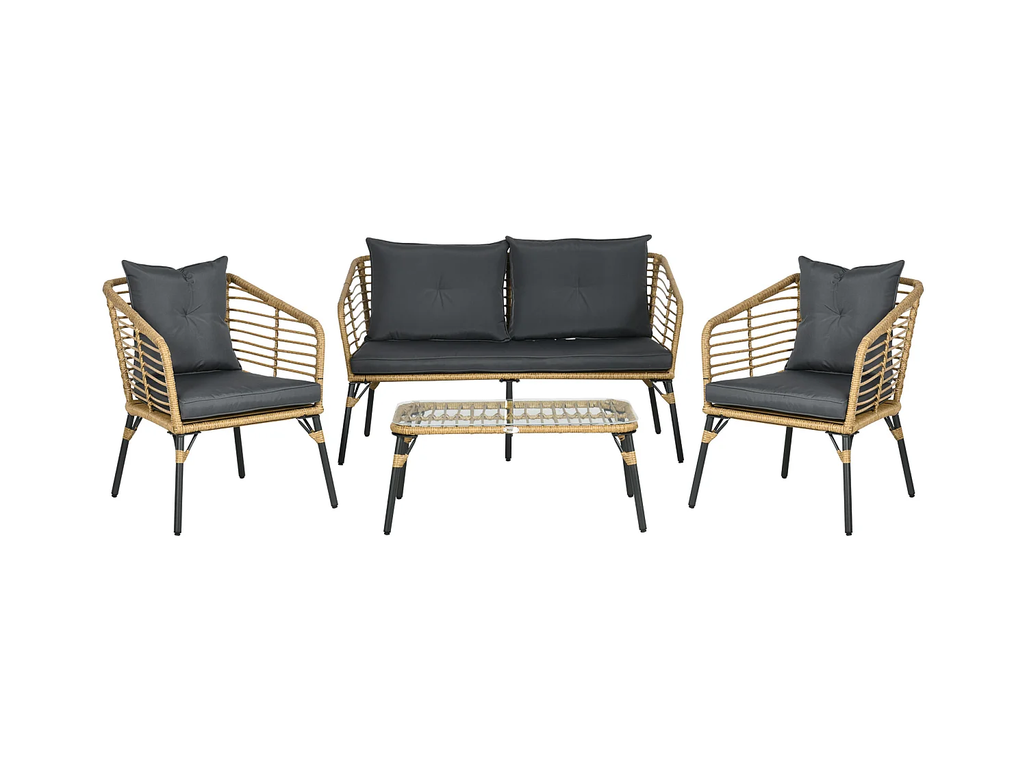 Set da giardino 4 pz con 2 sedie, un divano e un tavolino basso