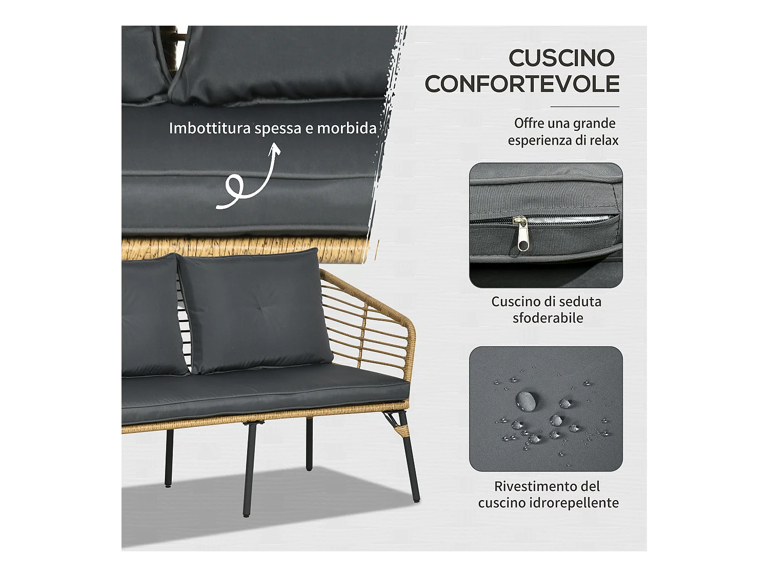 Set da giardino 4 pz con 2 sedie, un divano e un tavolino basso