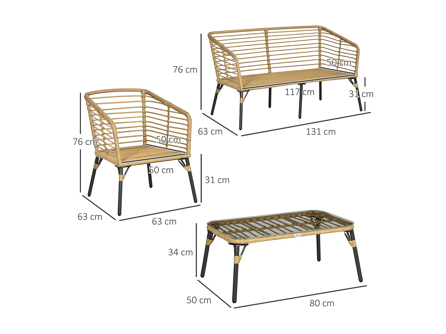Set da giardino 4 pz con 2 sedie, un divano e un tavolino basso