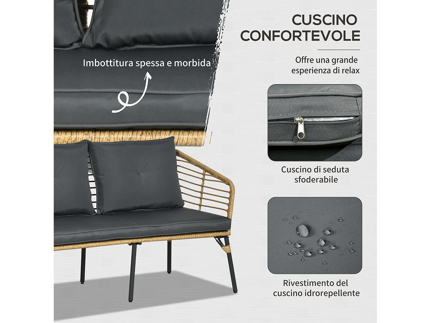 Set da giardino 4 pz con 2 sedie, un divano e un tavolino basso