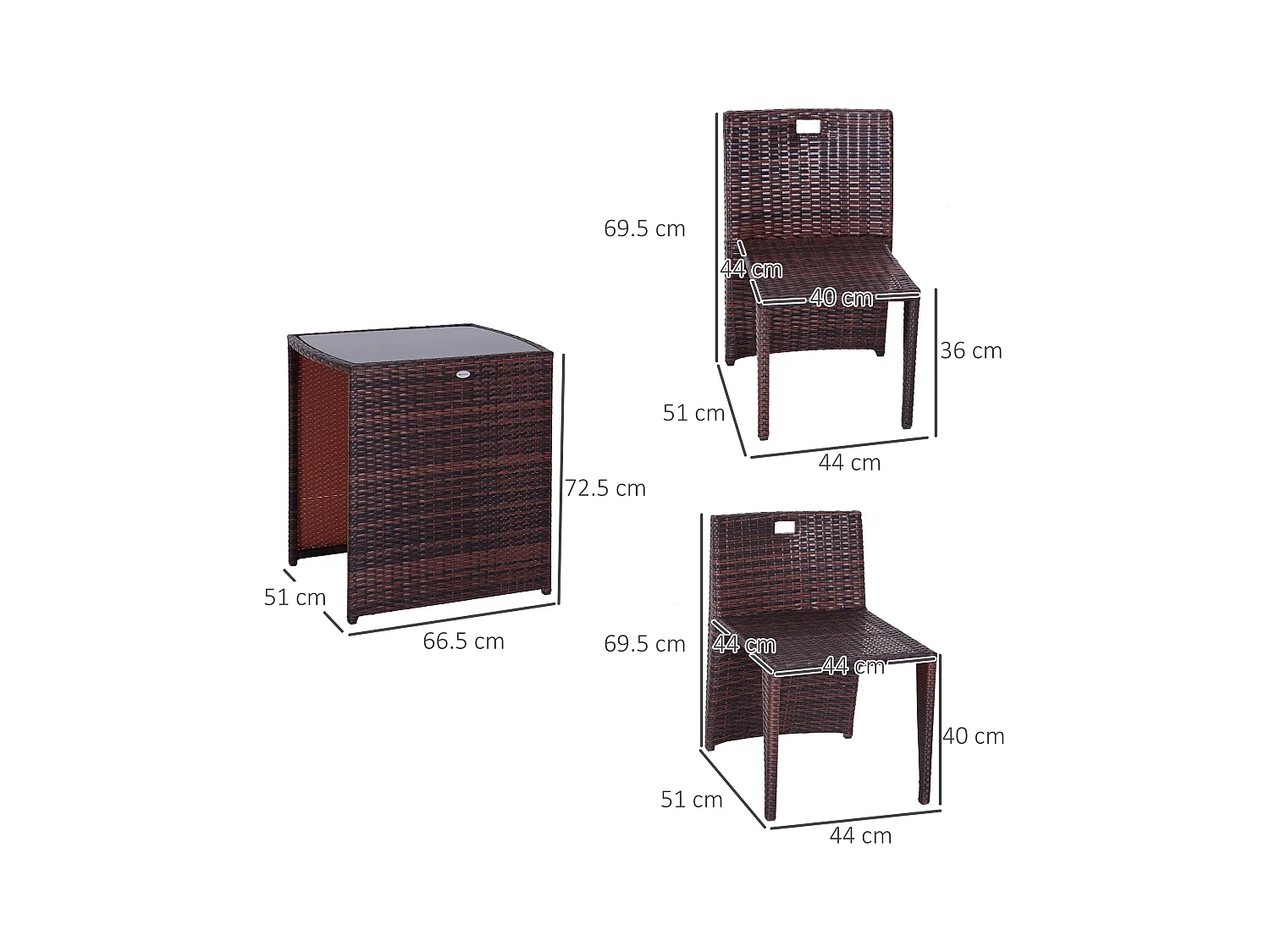 Set mobili da giardino con 1 tavolo e 2 sedie in rattan