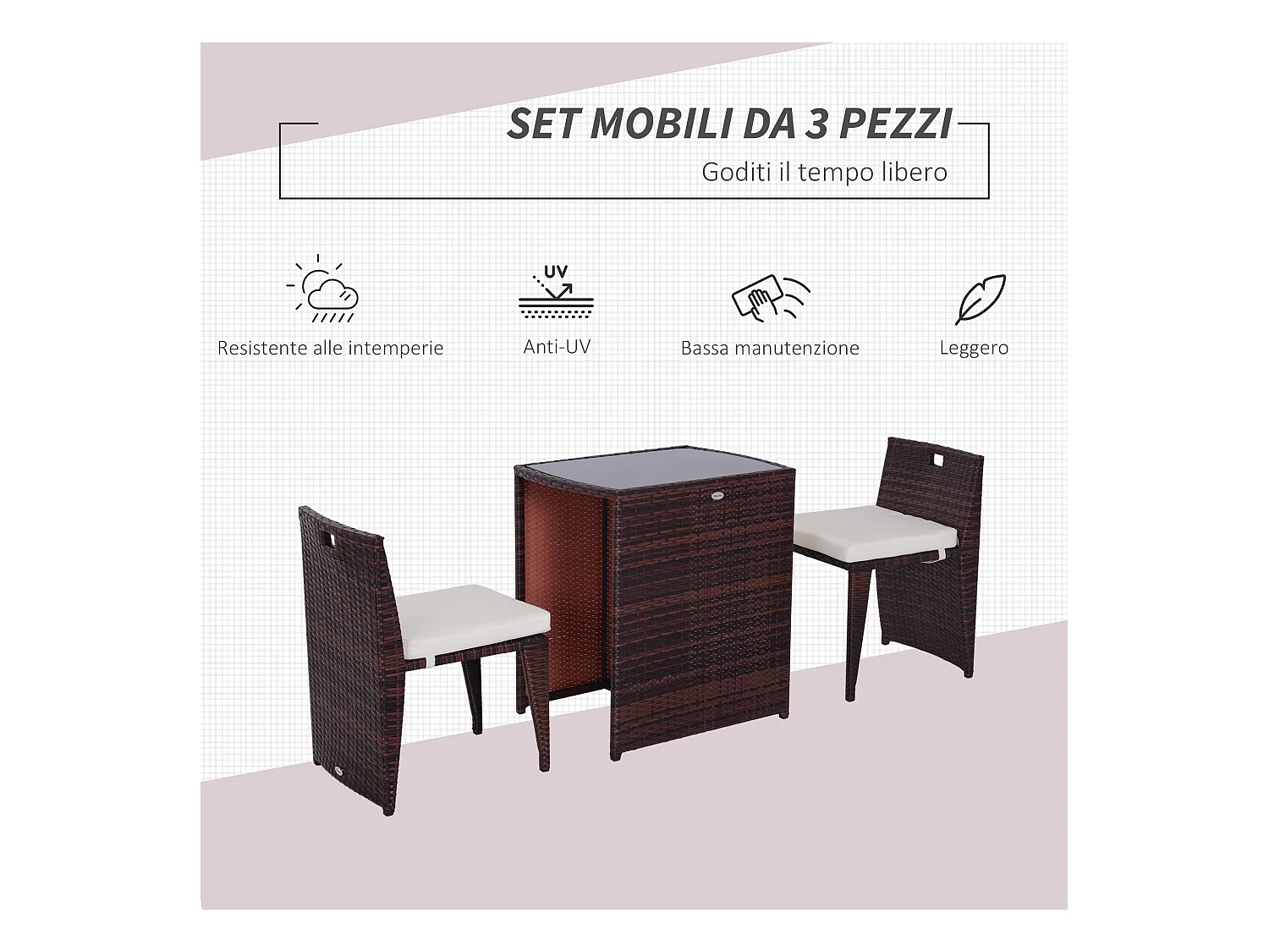 Set mobili da giardino con 1 tavolo e 2 sedie in rattan