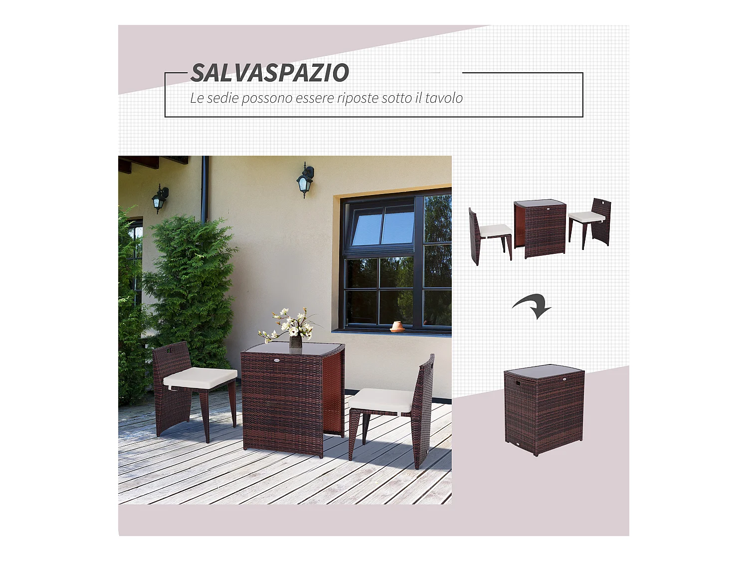 Set mobili da giardino con 1 tavolo e 2 sedie in rattan