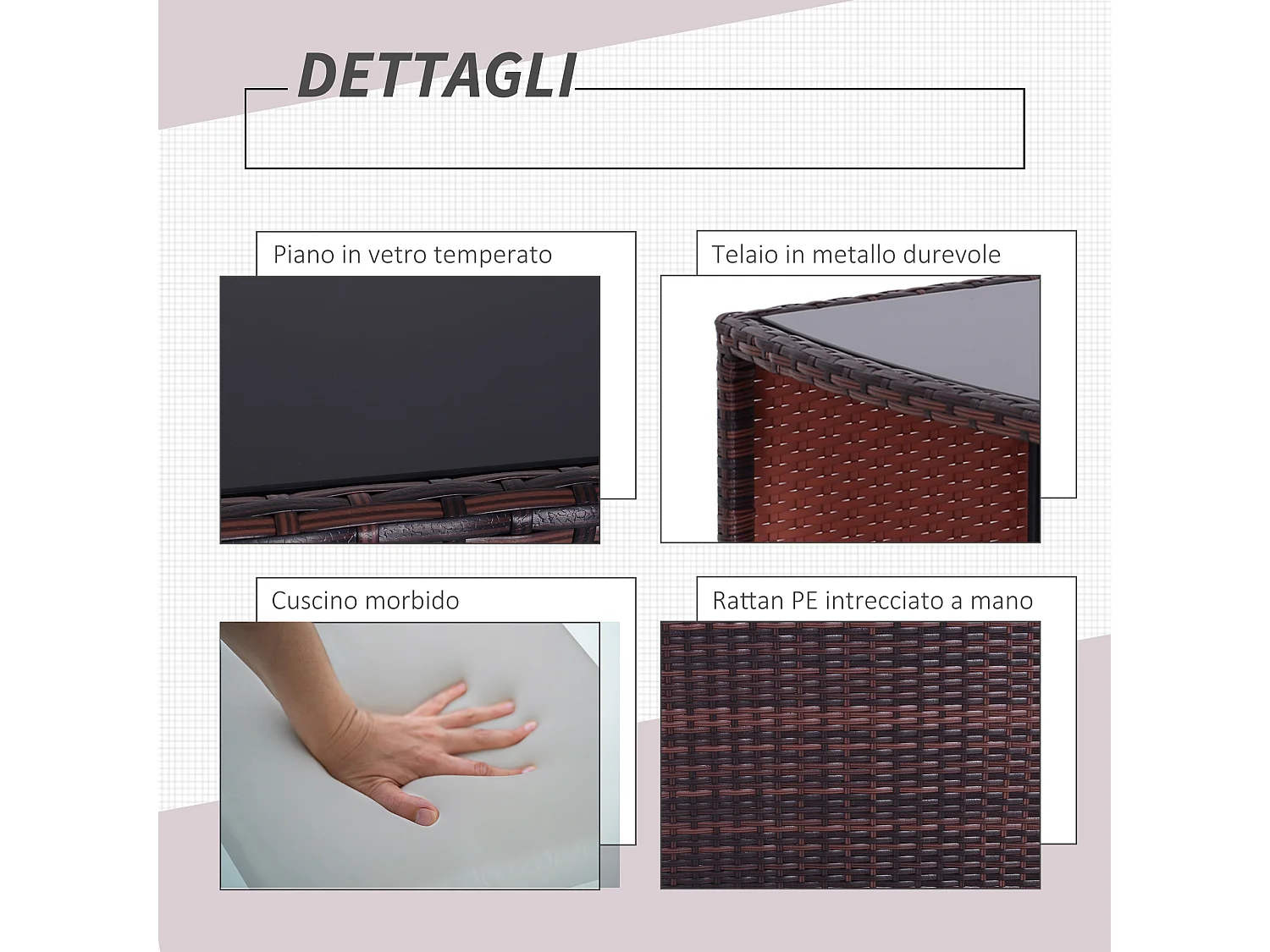 Set mobili da giardino con 1 tavolo e 2 sedie in rattan