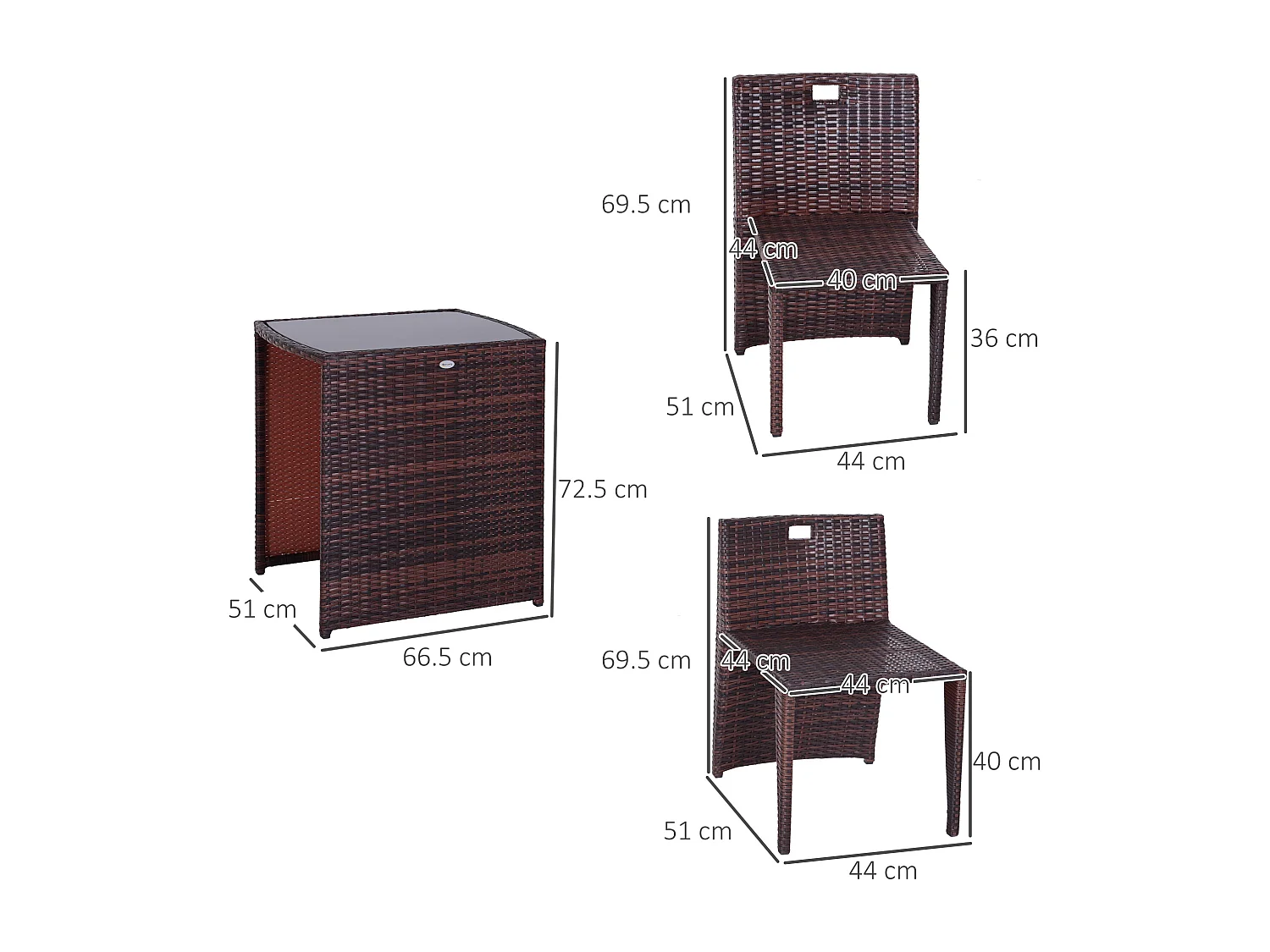 Set mobili da giardino con 1 tavolo e 2 sedie in rattan