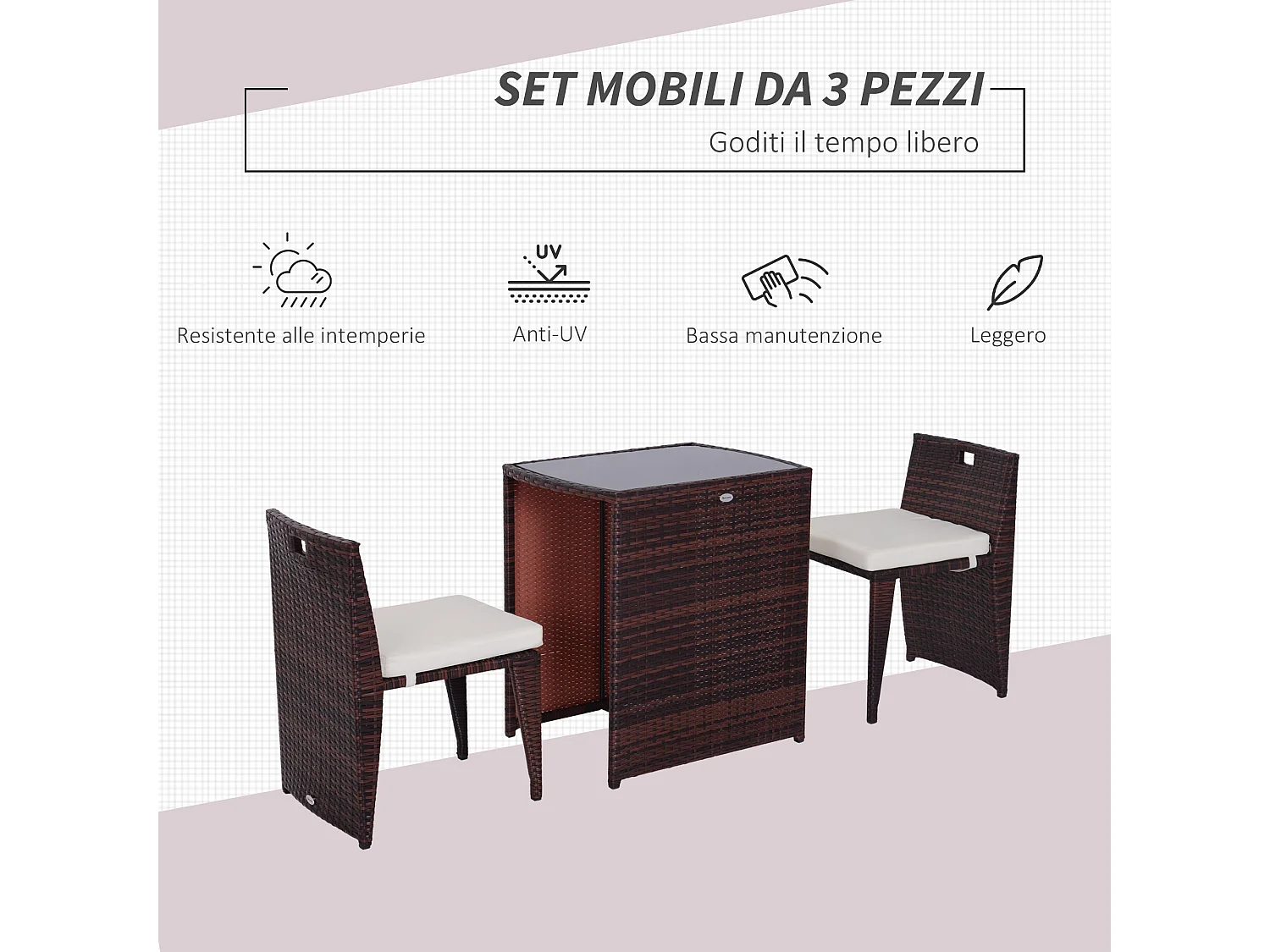 Set mobili da giardino con 1 tavolo e 2 sedie in rattan