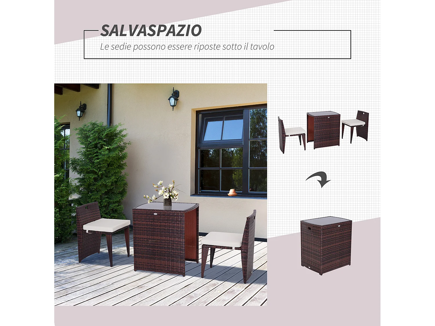 Set mobili da giardino con 1 tavolo e 2 sedie in rattan
