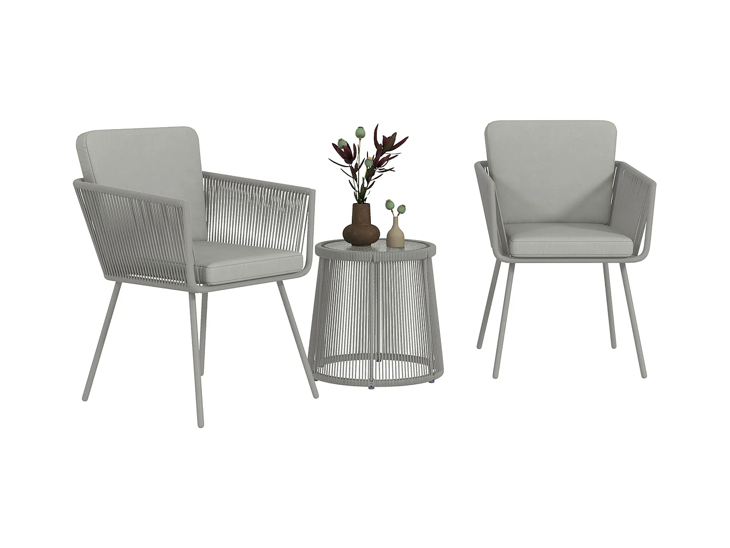 Set 2 sedie da giardino e tavolino stile boho in rattan grigio chiaro