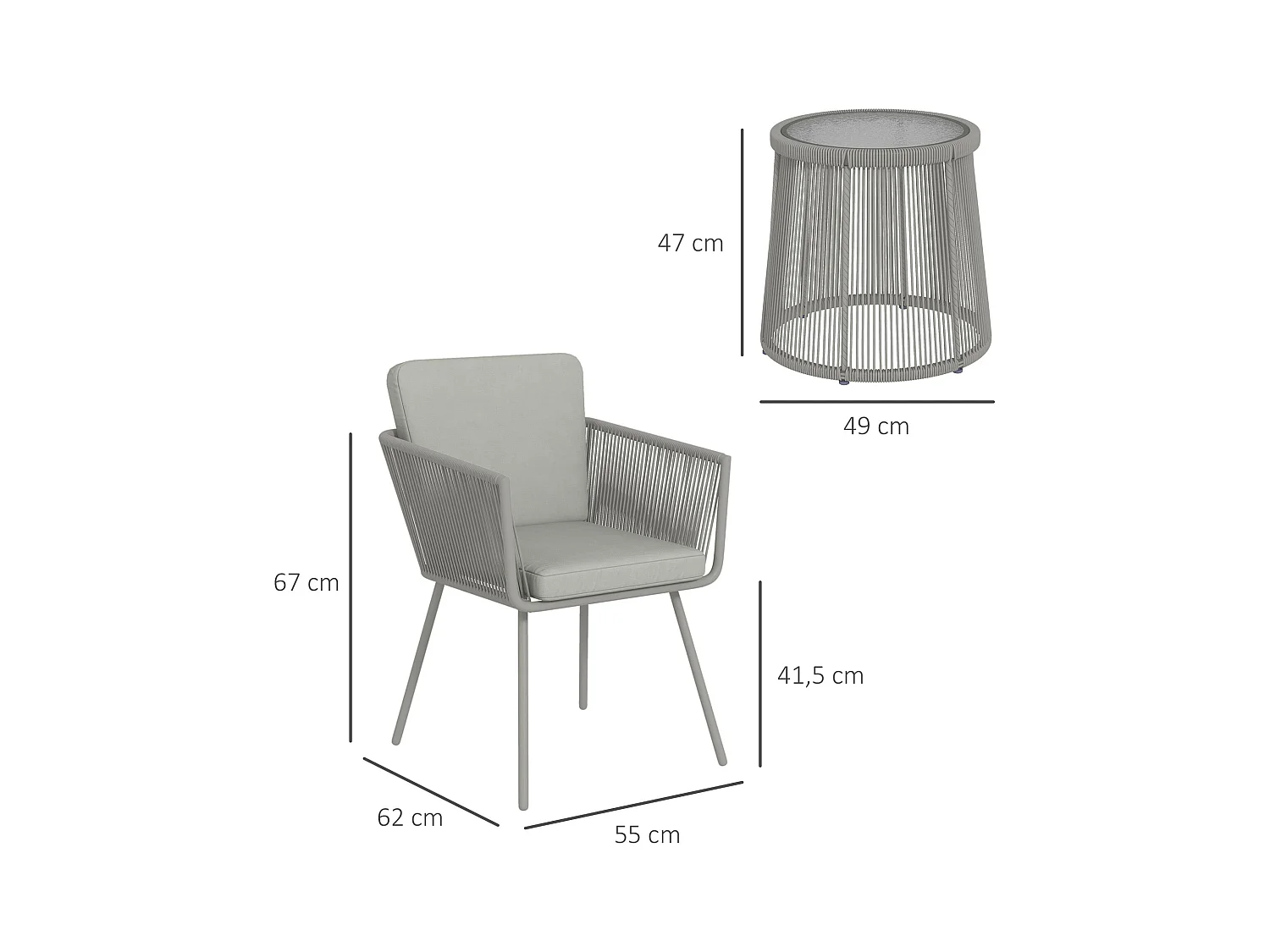 Set 2 sedie da giardino e tavolino stile boho in rattan grigio chiaro