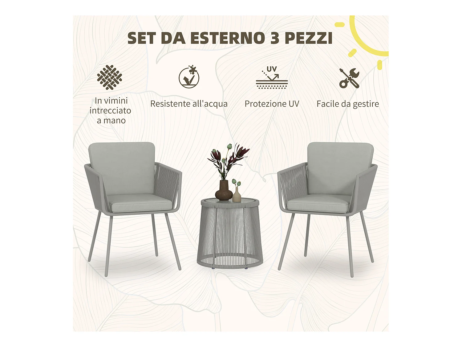 Set 2 sedie da giardino e tavolino stile boho in rattan grigio chiaro