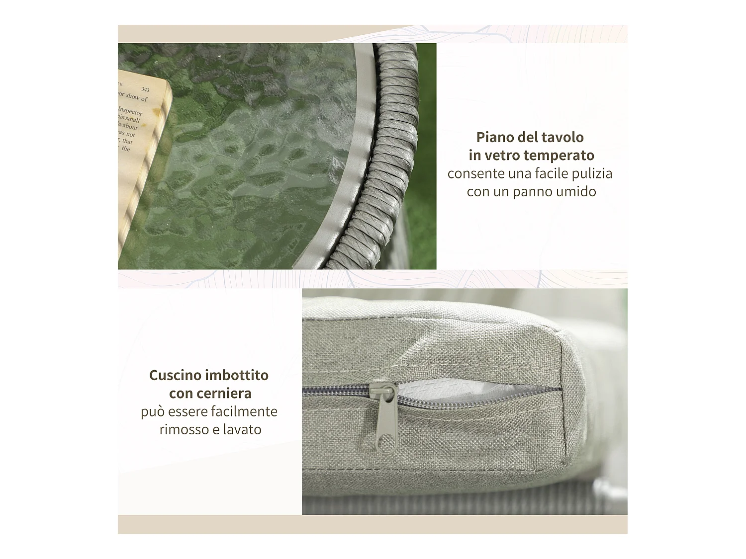 Set 2 sedie da giardino e tavolino stile boho in rattan grigio chiaro
