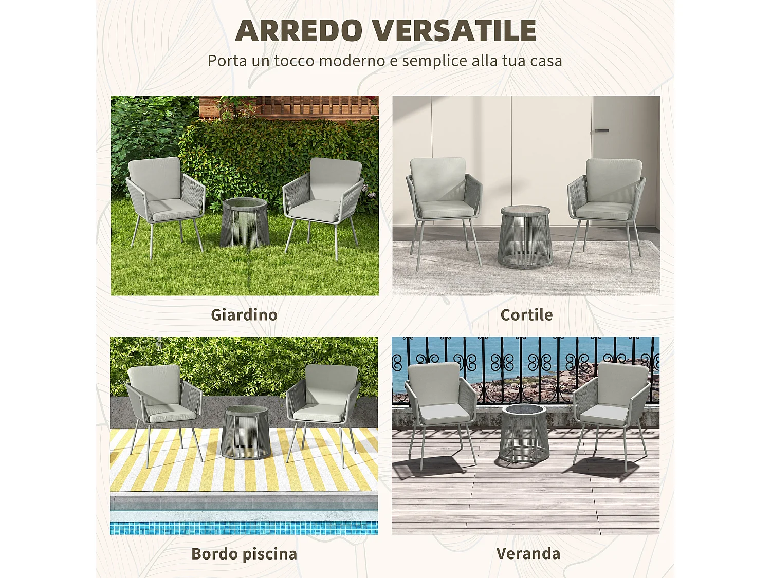 Set 2 sedie da giardino e tavolino stile boho in rattan grigio chiaro